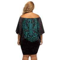 Viking Warrior Helm Off Shoulder Short Dress Neon Tribal Linework and Runic Pattern Art