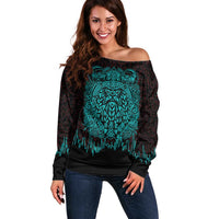 Viking Warrior Helm Off Shoulder Sweater Neon Tribal Linework and Runic Pattern Art