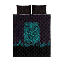 Viking Warrior Helm Quilt Bed Set Neon Tribal Linework and Runic Pattern Art