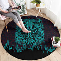 Viking Warrior Helm Round Carpet Neon Tribal Linework and Runic Pattern Art