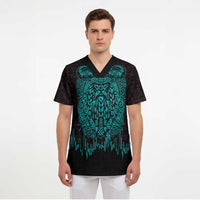 Viking Warrior Helm Scrub Top Neon Tribal Linework and Runic Pattern Art