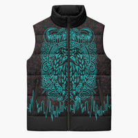 Viking Warrior Helm Sleeveless Puffer Jacket Neon Tribal Linework and Runic Pattern Art