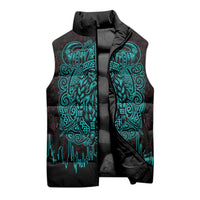 Viking Warrior Helm Sleeveless Puffer Jacket Neon Tribal Linework and Runic Pattern Art