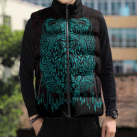 Viking Warrior Helm Sleeveless Puffer Jacket Neon Tribal Linework and Runic Pattern Art