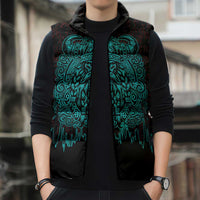 Viking Warrior Helm Sleeveless Puffer Jacket Neon Tribal Linework and Runic Pattern Art