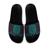 Viking Warrior Helm Slide Sandals Neon Tribal Linework and Runic Pattern Art