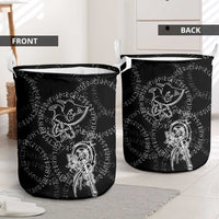 Norse Dragon and Viking Axe Laundry Basket Monochrome Runic Line Art Illustration