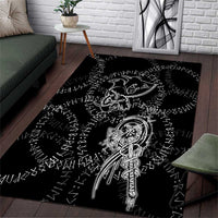 Norse Dragon and Viking Axe Area Rug Monochrome Runic Line Art Illustration