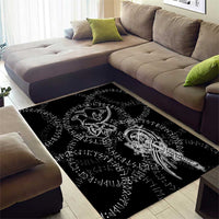 Norse Dragon and Viking Axe Area Rug Monochrome Runic Line Art Illustration