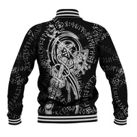 Norse Dragon and Viking Axe Baseball Jacket Monochrome Runic Line Art Illustration