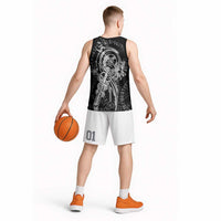 Norse Dragon and Viking Axe Basketball Jersey Monochrome Runic Line Art Illustration