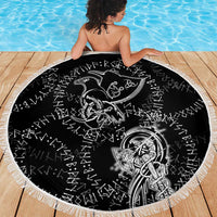 Norse Dragon and Viking Axe Beach Blanket Monochrome Runic Line Art Illustration