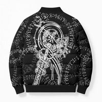 Norse Dragon and Viking Axe Bomber Puffer Jacket Monochrome Runic Line Art Illustration