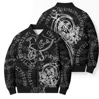 Norse Dragon and Viking Axe Bomber Puffer Jacket Monochrome Runic Line Art Illustration