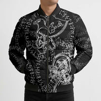 Norse Dragon and Viking Axe Bomber Puffer Jacket Monochrome Runic Line Art Illustration