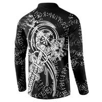 Norse Dragon and Viking Axe Button Sweatshirt Monochrome Runic Line Art Illustration