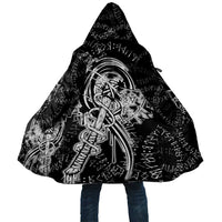 Norse Dragon and Viking Axe Cloak Monochrome Runic Line Art Illustration