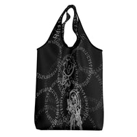 Norse Dragon and Viking Axe Grocery Bag Monochrome Runic Line Art Illustration