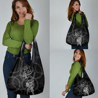 Norse Dragon and Viking Axe Grocery Bag Monochrome Runic Line Art Illustration
