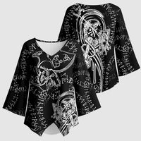 Norse Dragon and Viking Axe Kimono Sleeve Blouse Monochrome Runic Line Art Illustration