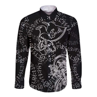 Norse Dragon and Viking Axe Long Sleeve Button Shirt Monochrome Runic Line Art Illustration
