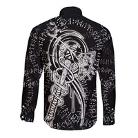 Norse Dragon and Viking Axe Long Sleeve Button Shirt Monochrome Runic Line Art Illustration