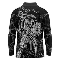 Norse Dragon and Viking Axe Long Sleeve Polo Shirt Monochrome Runic Line Art Illustration