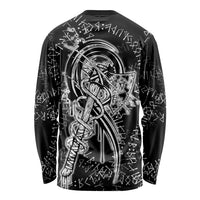 Norse Dragon and Viking Axe Long Sleeve Shirt Monochrome Runic Line Art Illustration
