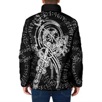Norse Dragon and Viking Axe Padded Jacket Monochrome Runic Line Art Illustration