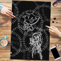 Norse Dragon and Viking Axe Puzzle Monochrome Runic Line Art Illustration