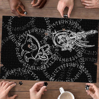 Norse Dragon and Viking Axe Puzzle Monochrome Runic Line Art Illustration