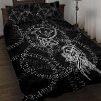 Norse Dragon and Viking Axe Quilt Bed Set Monochrome Runic Line Art Illustration
