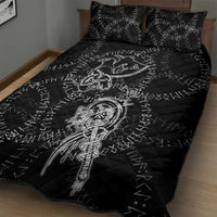 Norse Dragon and Viking Axe Quilt Bed Set Monochrome Runic Line Art Illustration