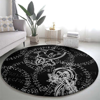 Norse Dragon and Viking Axe Round Carpet Monochrome Runic Line Art Illustration