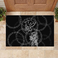Norse Dragon and Viking Axe Rubber Doormat Monochrome Runic Line Art Illustration