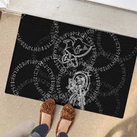Norse Dragon and Viking Axe Rubber Doormat Monochrome Runic Line Art Illustration