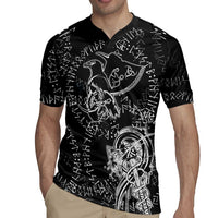 Norse Dragon and Viking Axe Rugby Jersey Monochrome Runic Line Art Illustration