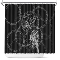 Norse Dragon and Viking Axe Shower Curtain Monochrome Runic Line Art Illustration