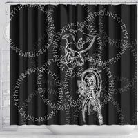 Norse Dragon and Viking Axe Shower Curtain Monochrome Runic Line Art Illustration