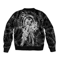 Norse Dragon and Viking Axe Sleeve Zip Bomber Jacket Monochrome Runic Line Art Illustration