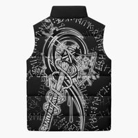Norse Dragon and Viking Axe Sleeveless Puffer Jacket Monochrome Runic Line Art Illustration