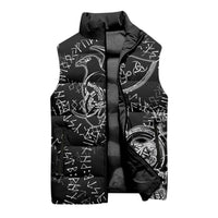 Norse Dragon and Viking Axe Sleeveless Puffer Jacket Monochrome Runic Line Art Illustration