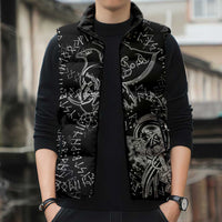 Norse Dragon and Viking Axe Sleeveless Puffer Jacket Monochrome Runic Line Art Illustration