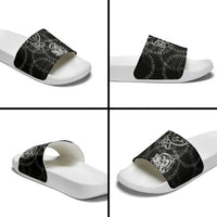 Norse Dragon and Viking Axe Slide Sandals Monochrome Runic Line Art Illustration