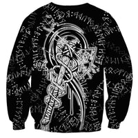 Norse Dragon and Viking Axe Sweatshirt Monochrome Runic Line Art Illustration
