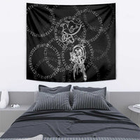 Norse Dragon and Viking Axe Tapestry Monochrome Runic Line Art Illustration
