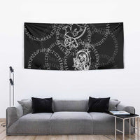 Norse Dragon and Viking Axe Tapestry Monochrome Runic Line Art Illustration