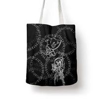Norse Dragon and Viking Axe Tote Bag Monochrome Runic Line Art Illustration