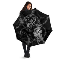 Norse Dragon and Viking Axe Umbrella Monochrome Runic Line Art Illustration
