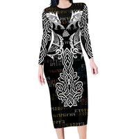 Viking Runes and Norse Mythology Symbols Long Sleeve Bodycon Dress Celtic Knotwork Tribal Illustration Style